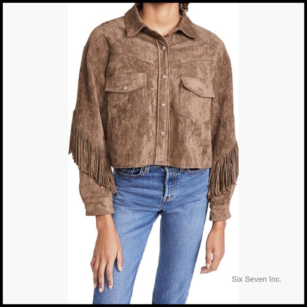 Faux Suede Fringe Jacket with Snap Closure Front - Picture 1 of 7